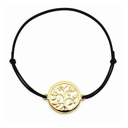 Bracelet cordon noir Arbre de Vie mixte en acier doré, personnalisable avec une médaille de 8 mm pour gravure 