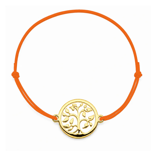 Bracelet cordon orange Arbre de Vie mixte en acier doré, personnalisable avec une médaille de 8 mm pour gravure 