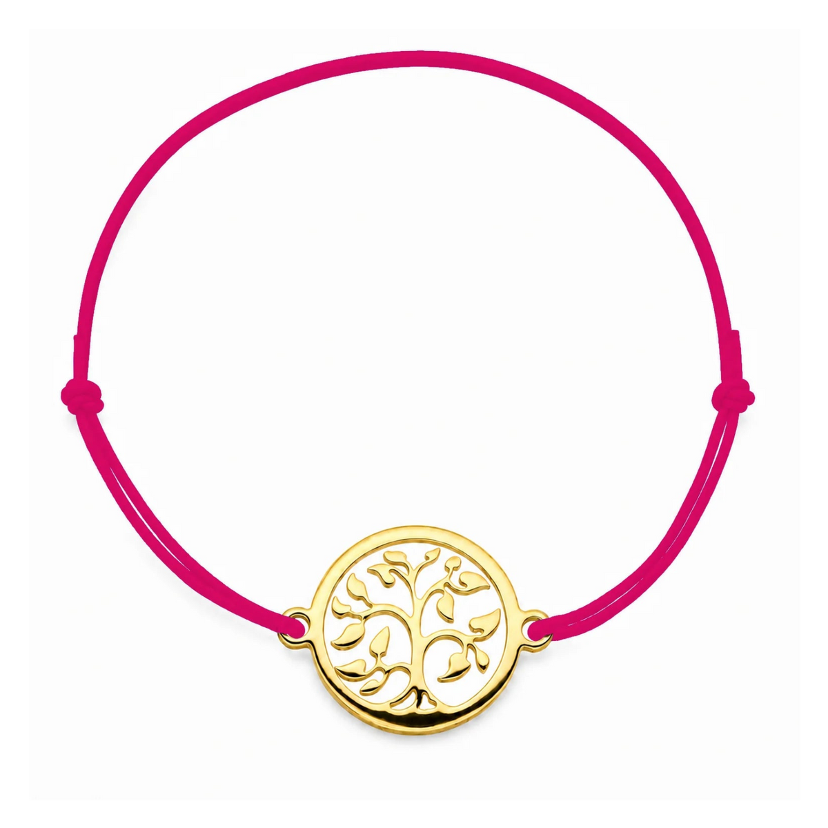 Bracelet cordon rose framboise Arbre de Vie mixte en acier doré, personnalisable avec une médaille de 8 mm pour gravure 