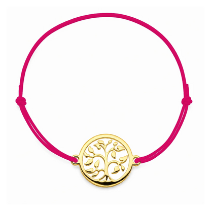 Bracelet cordon rose framboise Arbre de Vie mixte en acier doré, personnalisable avec une médaille de 8 mm pour gravure 
