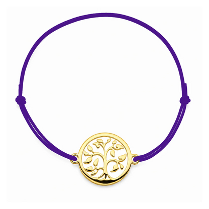 Bracelet cordon violet Arbre de Vie mixte en acier doré, personnalisable avec une médaille de 8 mm pour gravure 