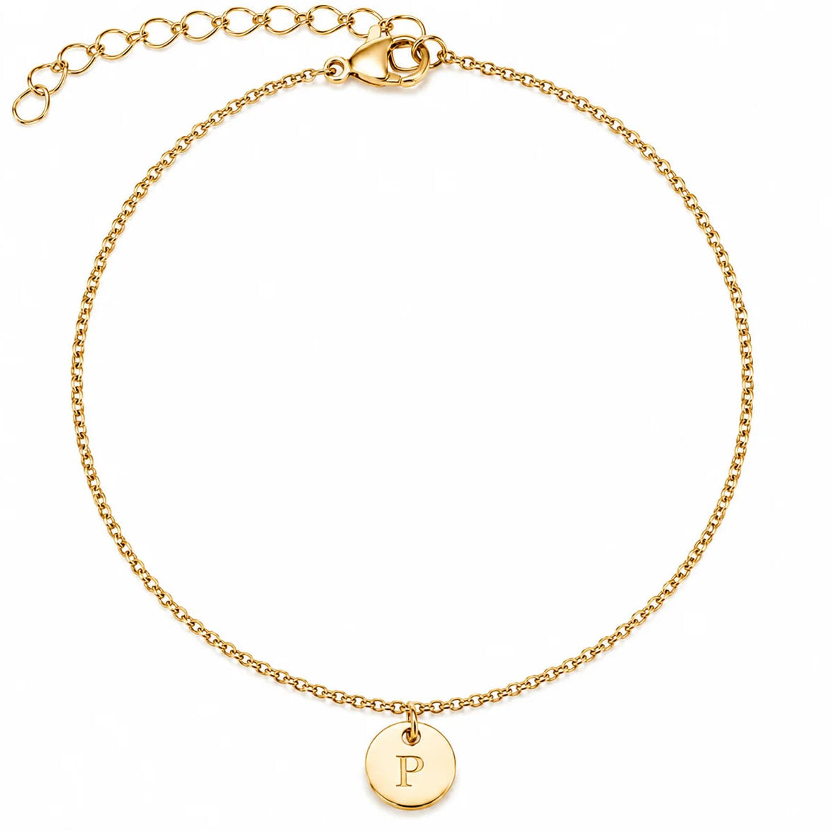Bracelet chaîne personnalisé en acier doré avec médaille ronde 8mm gravée d'une initiale, bijou personnalisé.