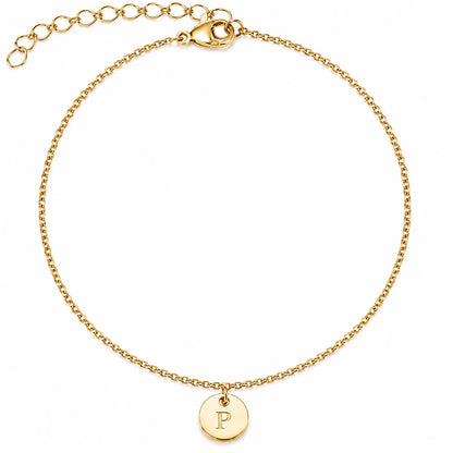 Bracelet chaîne personnalisé en acier doré avec médaille ronde 8mm gravée d'une initiale, bijou personnalisé.