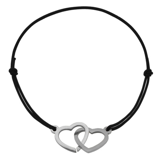 Bracelet cœurs entrelacés acier argenté sur cordon noir - Design romantique minimaliste