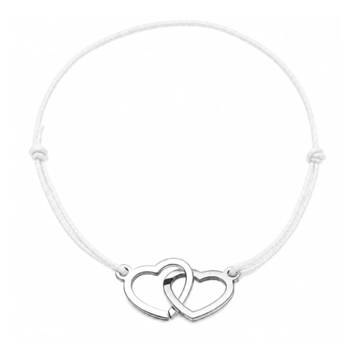 Bracelet cordon ajustable blanc avec cœurs entrelacés en acier inoxydable argenté