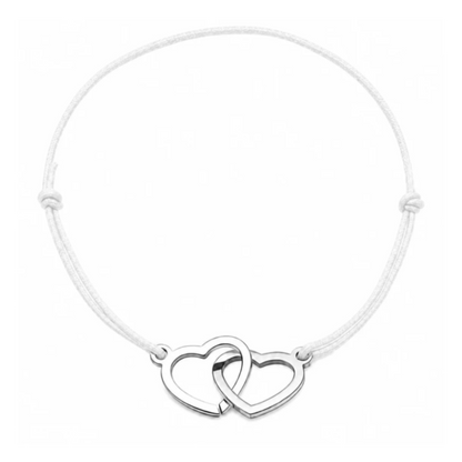 Bracelet cordon ajustable blanc avec cœurs entrelacés en acier inoxydable argenté