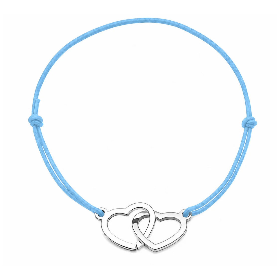 Bracelet cordon ajustable bleu clair avec cœurs entrelacés en acier inoxydable argenté