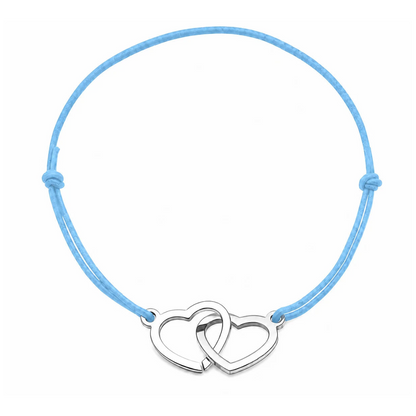 Bracelet cordon ajustable bleu clair avec cœurs entrelacés en acier inoxydable argenté