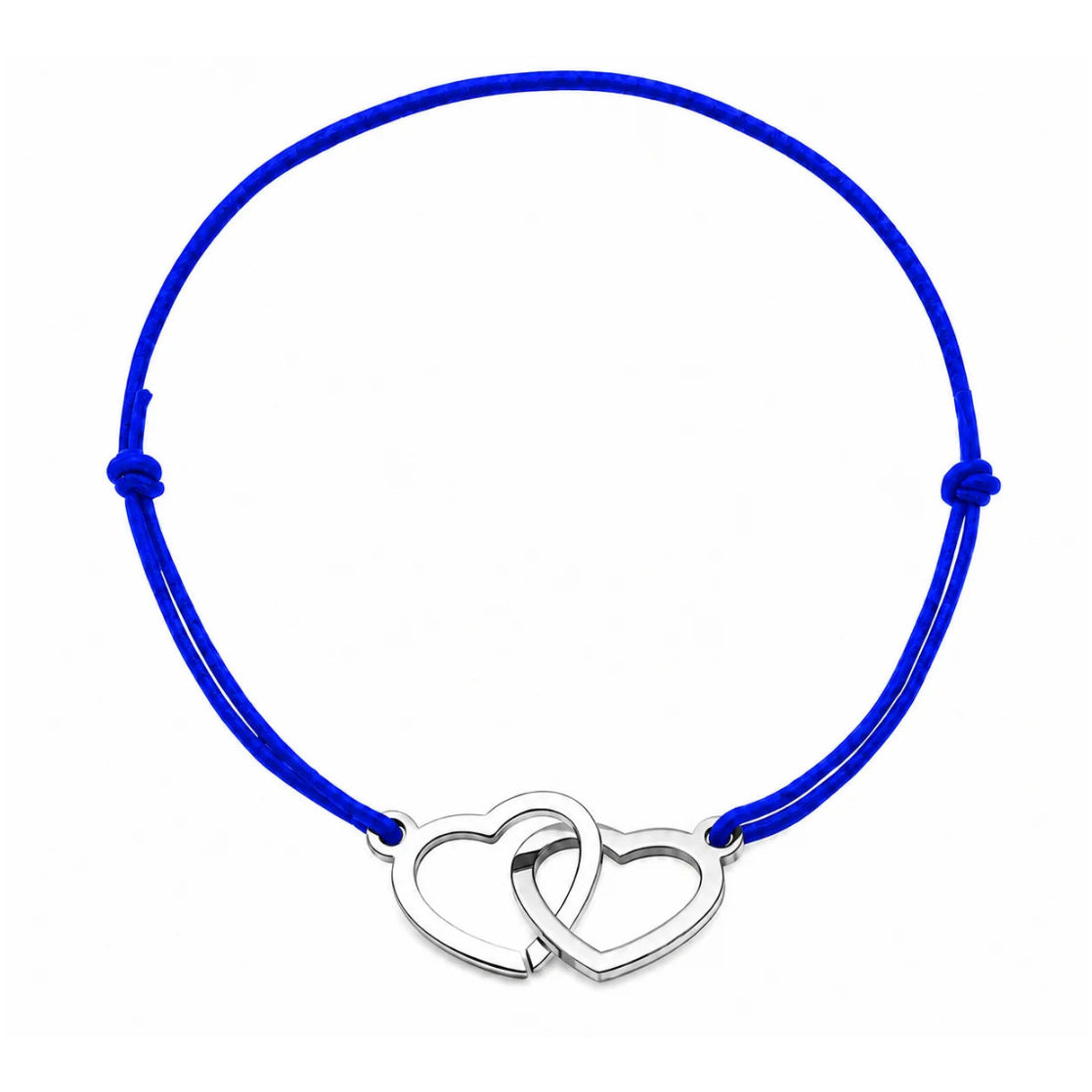 Bracelet cordon ajustable bleu roi avec cœurs entrelacés en acier inoxydable argenté