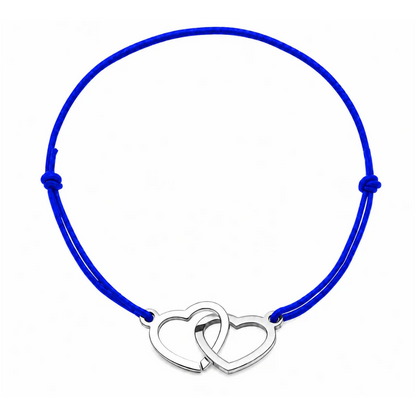 Bracelet cordon ajustable bleu roi avec cœurs entrelacés en acier inoxydable argenté