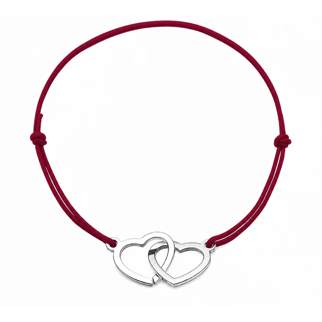Bracelet cordon ajustable bordeaux avec cœurs entrelacés en acier inoxydable argenté