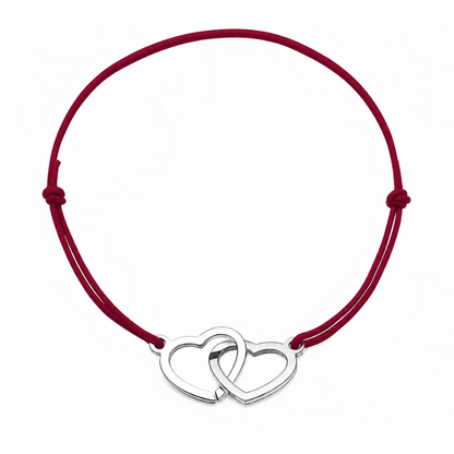 Bracelet cordon ajustable bordeaux avec cœurs entrelacés en acier inoxydable argenté
