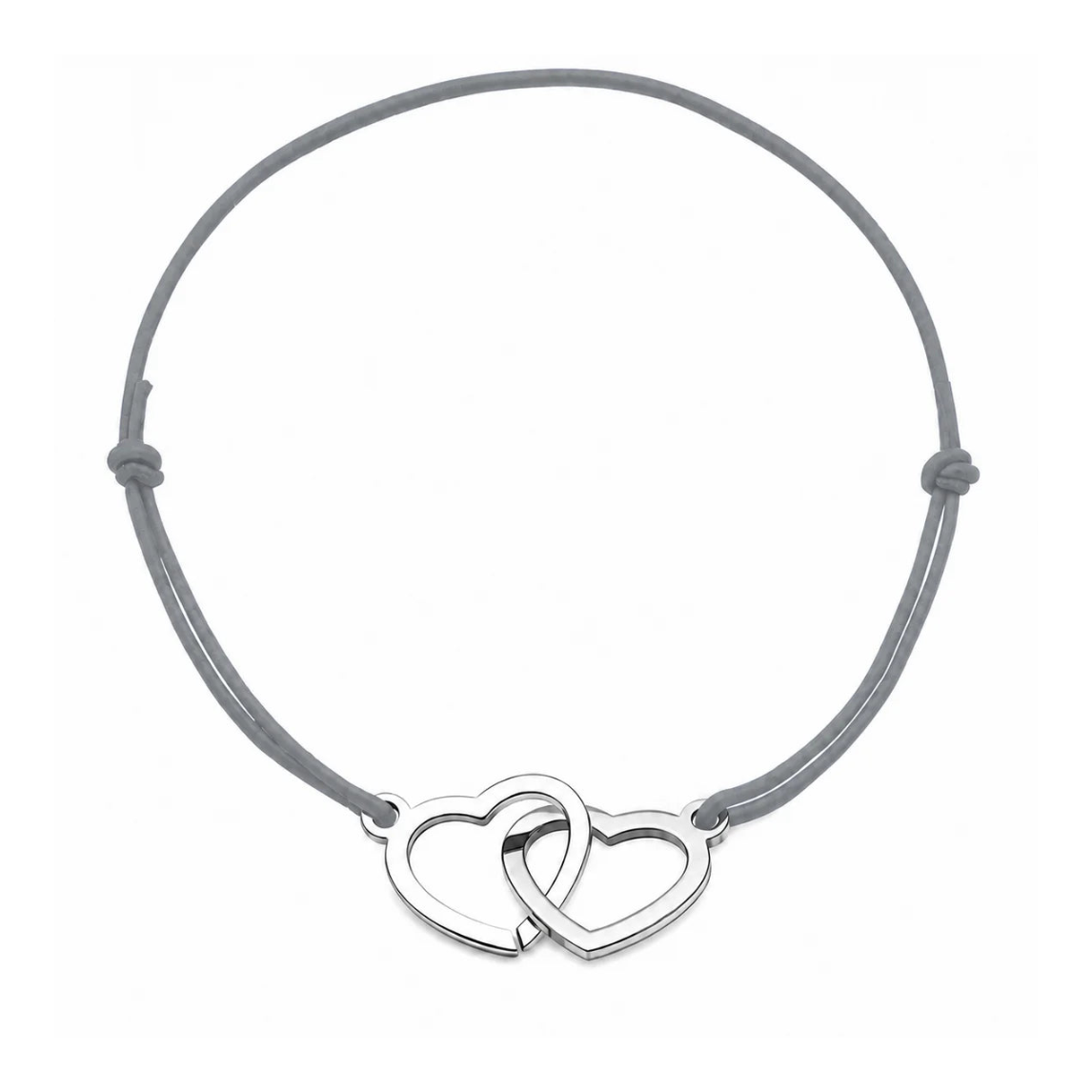 Bracelet cordon ajustable gris avec cœurs entrelacés en acier inoxydable argenté
