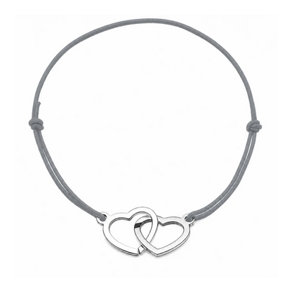 Bracelet cordon ajustable gris avec cœurs entrelacés en acier inoxydable argenté