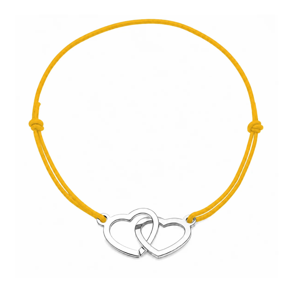 Bracelet cordon ajustable jaune avec cœurs entrelacés en acier inoxydable argenté