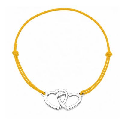 Bracelet cordon ajustable jaune avec cœurs entrelacés en acier inoxydable argenté