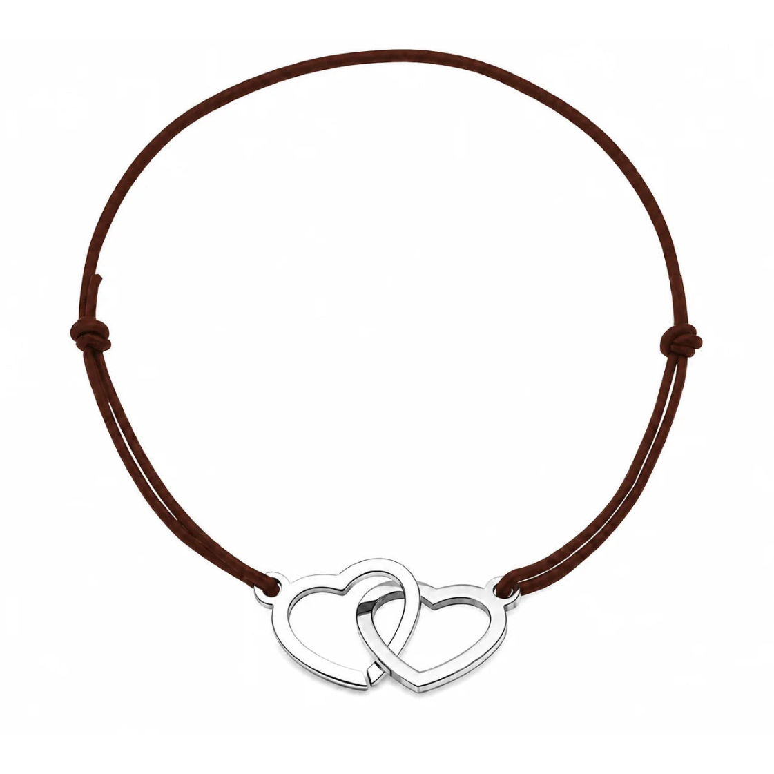Bracelet cordon ajustable marron avec cœurs entrelacés en acier inoxydable argenté