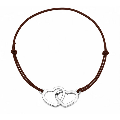 Bracelet cordon ajustable marron avec cœurs entrelacés en acier inoxydable argenté