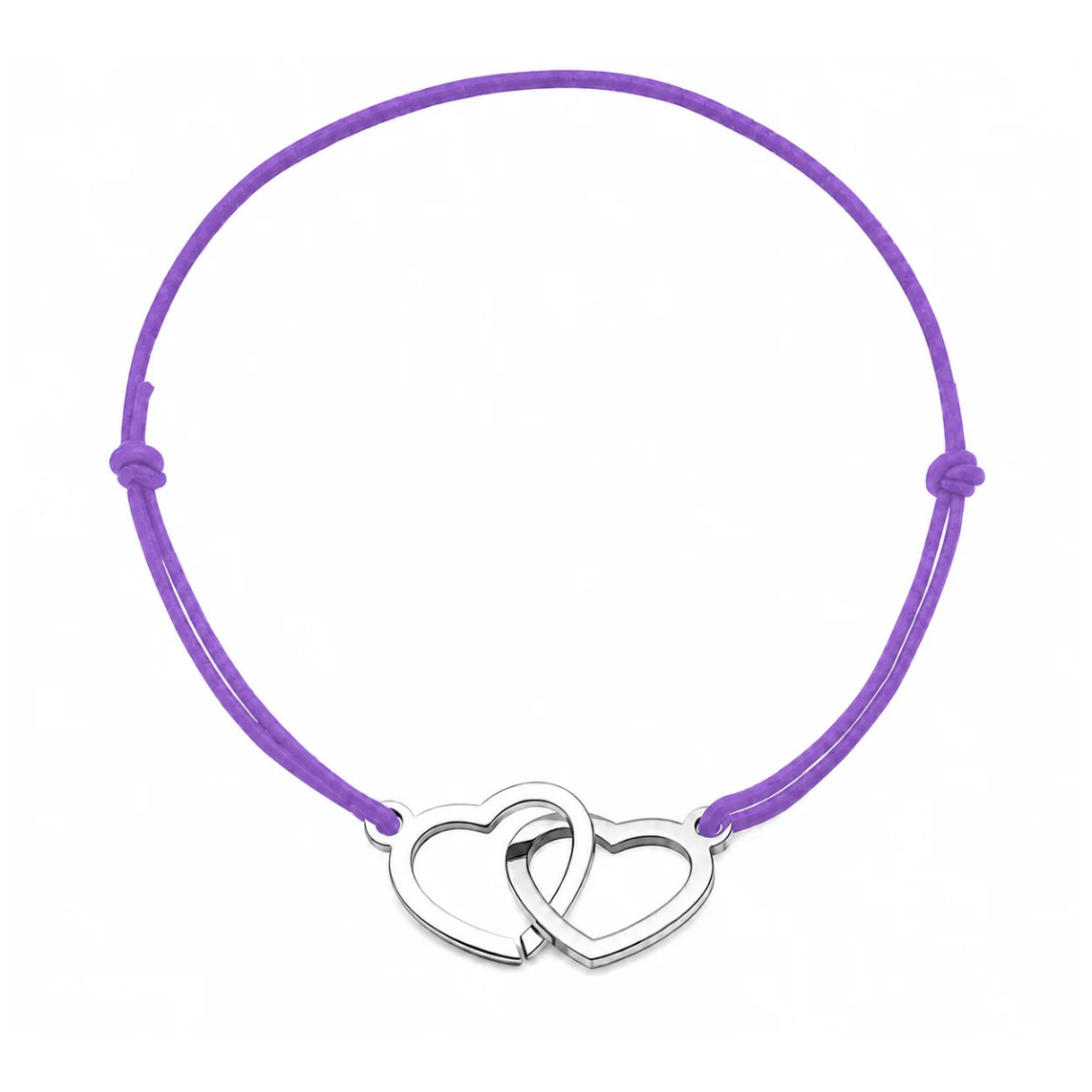 Bracelet cordon ajustable mauve avec cœurs entrelacés en acier inoxydable argenté