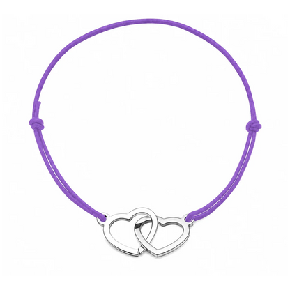 Bracelet cordon ajustable mauve avec cœurs entrelacés en acier inoxydable argenté