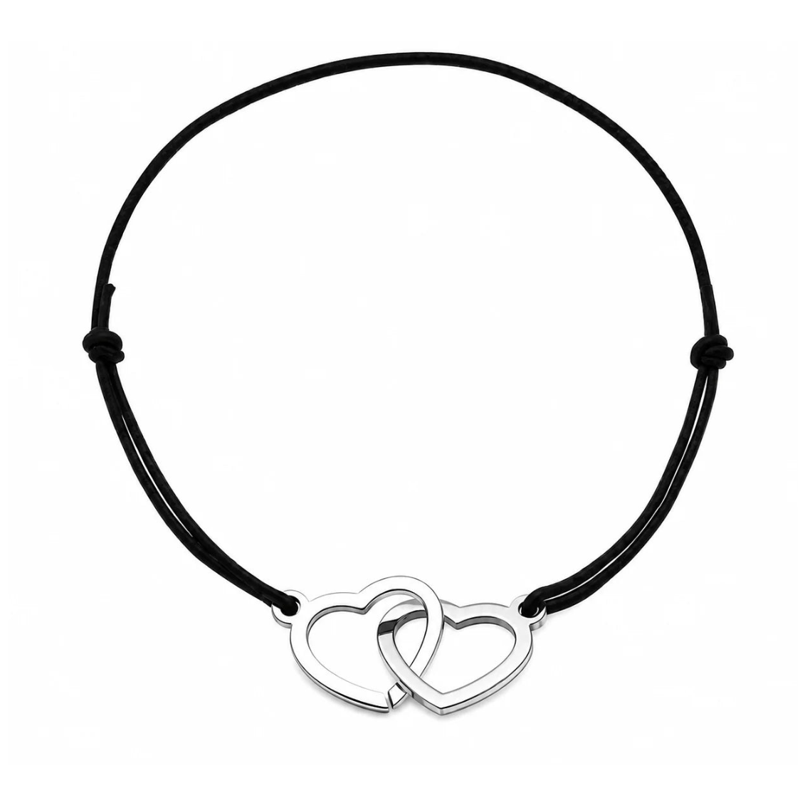 Bracelet cordon ajustable noir avec cœurs entrelacés en acier inoxydable argenté