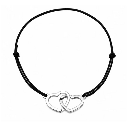 Bracelet cordon ajustable noir avec cœurs entrelacés en acier inoxydable argenté