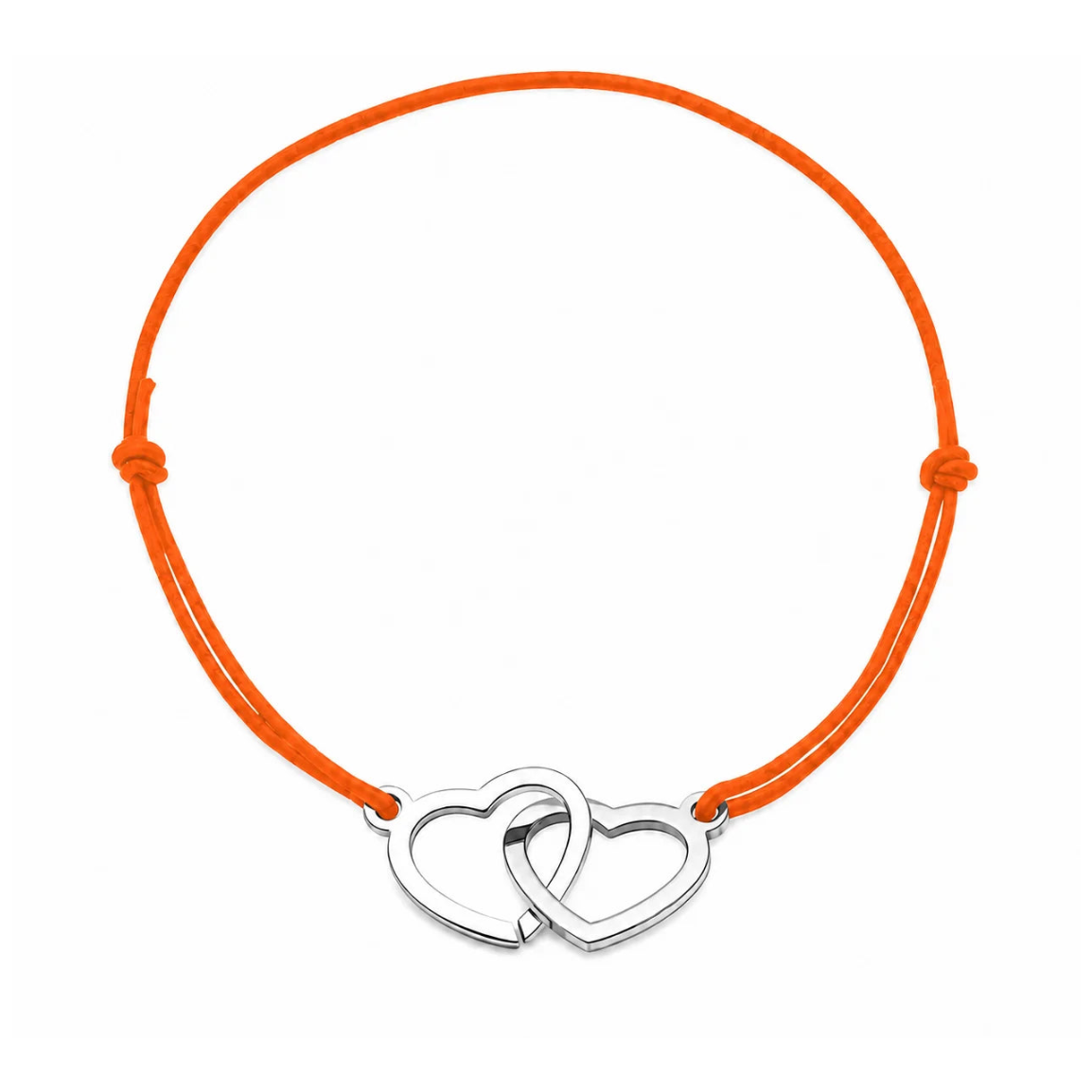 Bracelet cordon ajustable orange avec cœurs entrelacés en acier inoxydable argenté