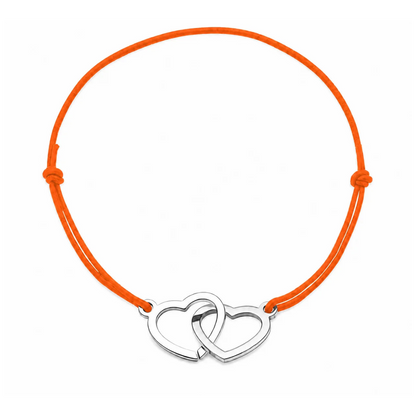 Bracelet cordon ajustable orange avec cœurs entrelacés en acier inoxydable argenté