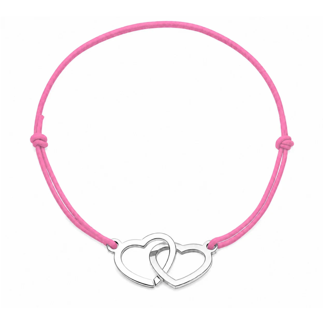 Bracelet cordon ajustable rose clair avec cœurs entrelacés en acier inoxydable argenté
