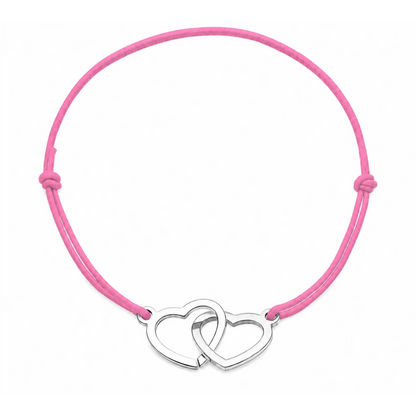 Bracelet cordon ajustable rose clair avec cœurs entrelacés en acier inoxydable argenté
