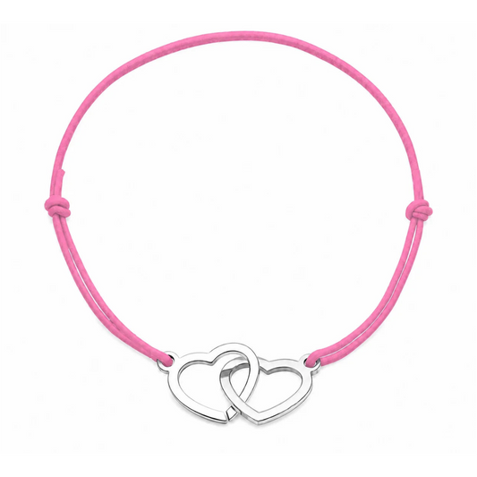 Bracelet cordon ajustable rose clair avec cœurs entrelacés en acier inoxydable argenté