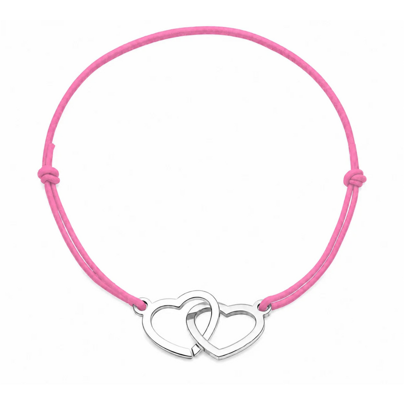 Bracelet cordon ajustable rose clair avec cœurs entrelacés en acier inoxydable argenté