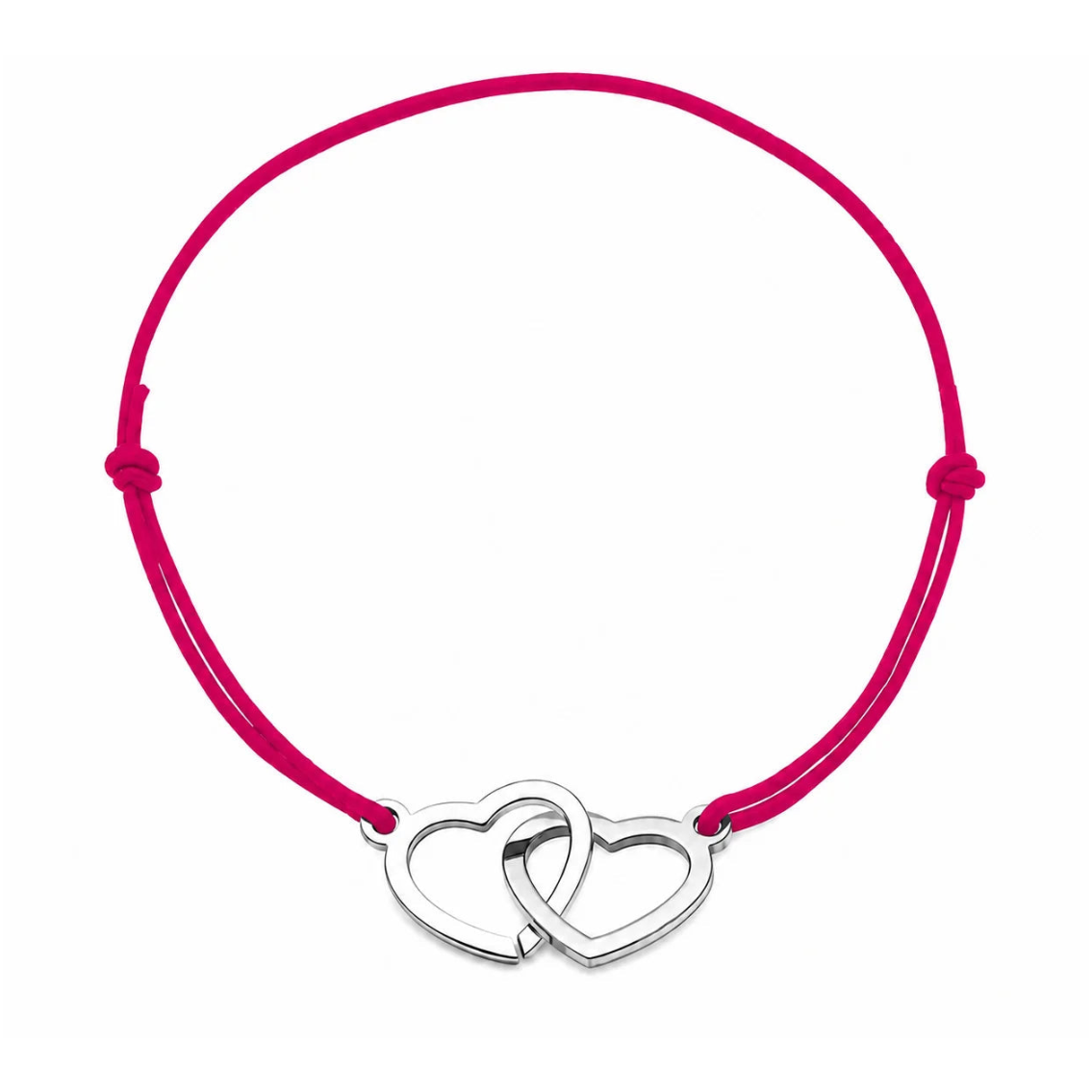 Bracelet cordon ajustable rose framboise avec cœurs entrelacés en acier inoxydable argenté