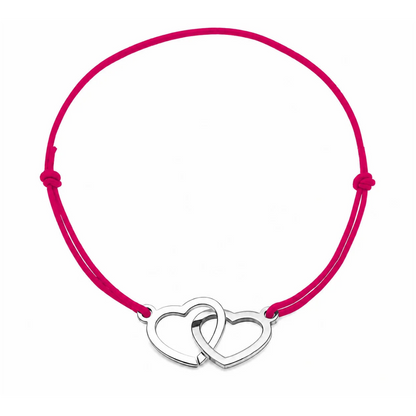 Bracelet cordon ajustable rose framboise avec cœurs entrelacés en acier inoxydable argenté
