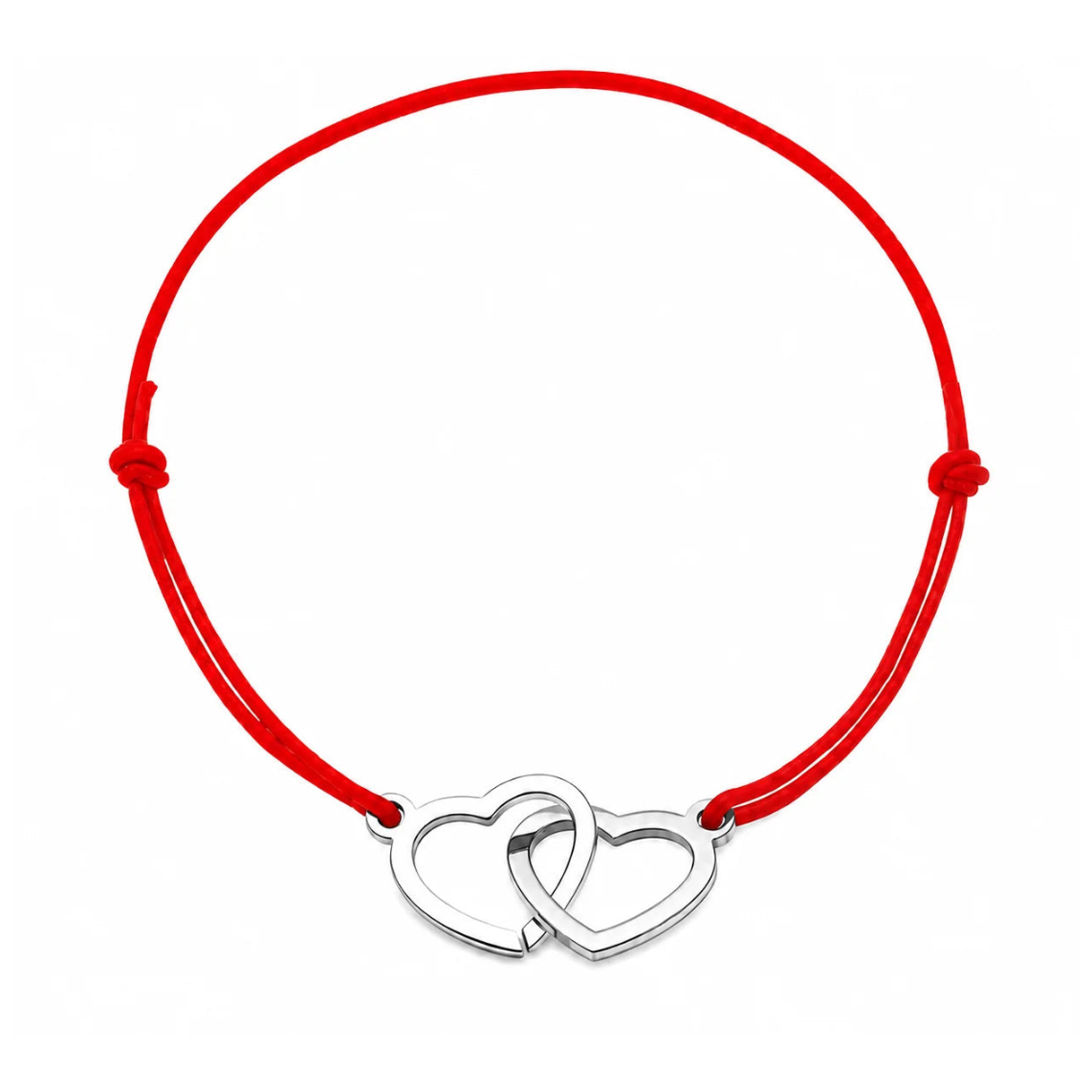 Bracelet cordon ajustable rouge avec cœurs entrelacés en acier inoxydable argenté