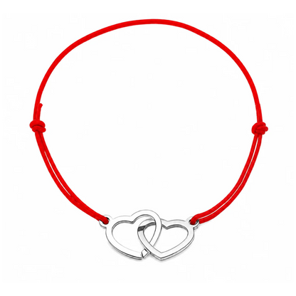 Bracelet cordon ajustable rouge avec cœurs entrelacés en acier inoxydable argenté