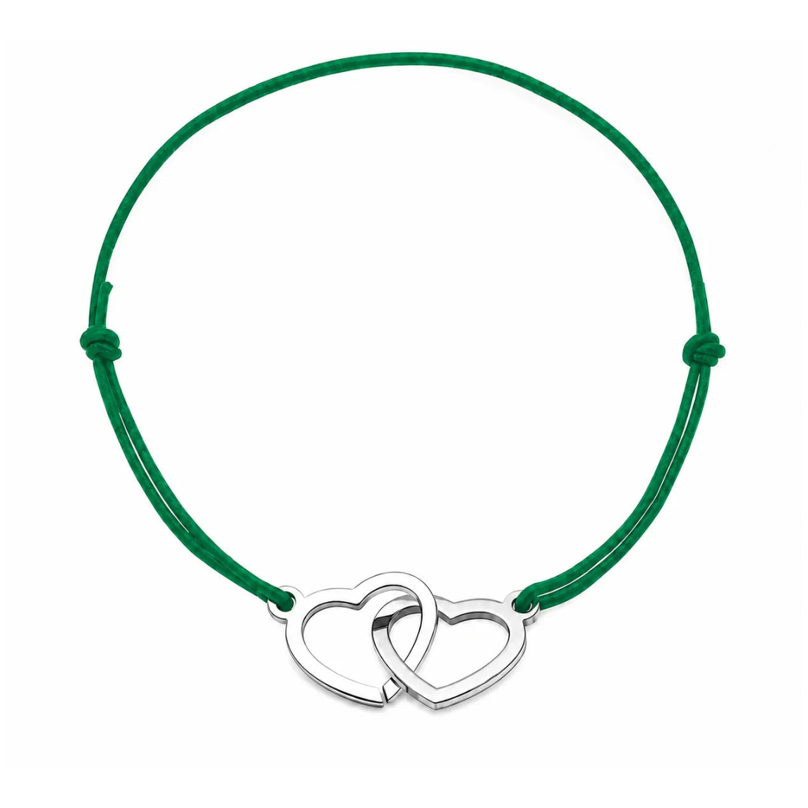 Bracelet cordon ajustable vert bouteille avec cœurs entrelacés en acier inoxydable argenté