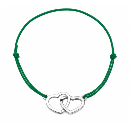 Bracelet cordon ajustable vert bouteille avec cœurs entrelacés en acier inoxydable argenté