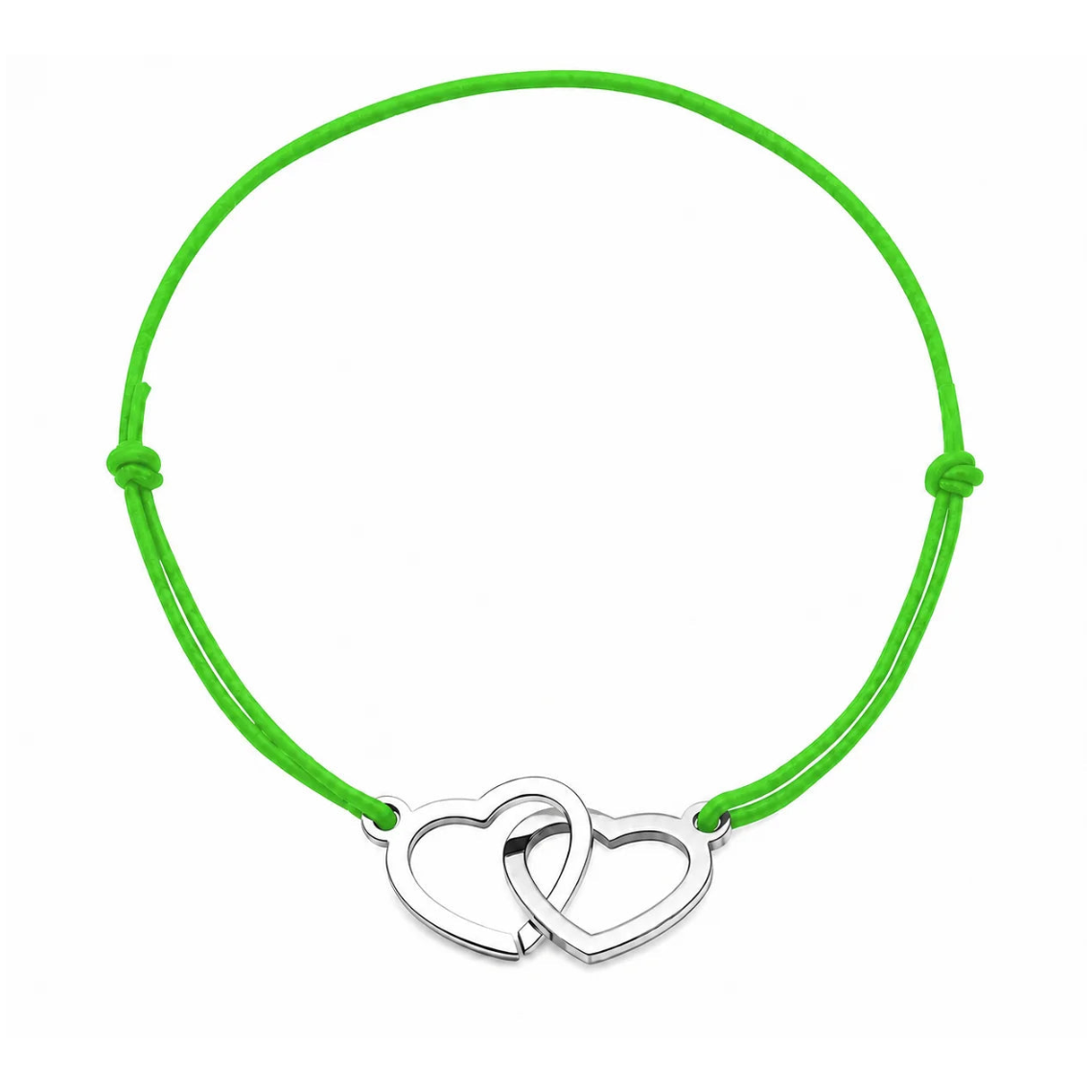 Bracelet cordon ajustable vert pomme avec cœurs entrelacés en acier inoxydable argenté