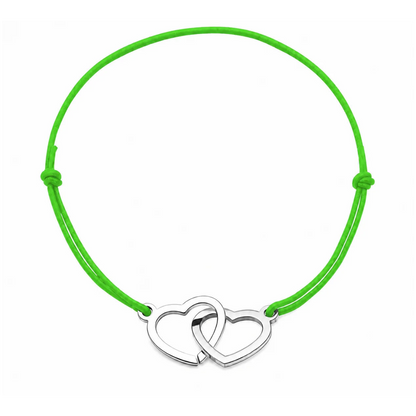 Bracelet cordon ajustable vert pomme avec cœurs entrelacés en acier inoxydable argenté