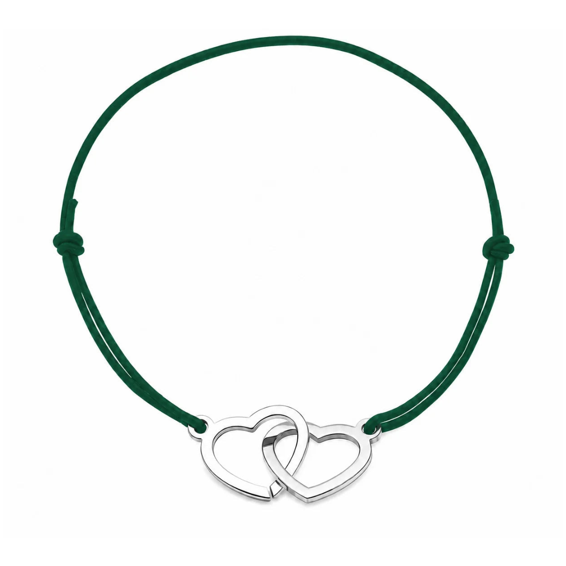 Bracelet cordon ajustable vert sapin avec cœurs entrelacés en acier inoxydable argenté