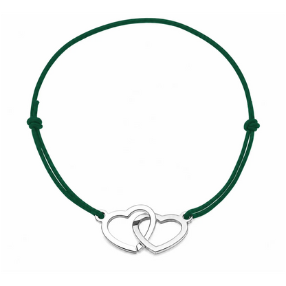Bracelet cordon ajustable vert sapin avec cœurs entrelacés en acier inoxydable argenté