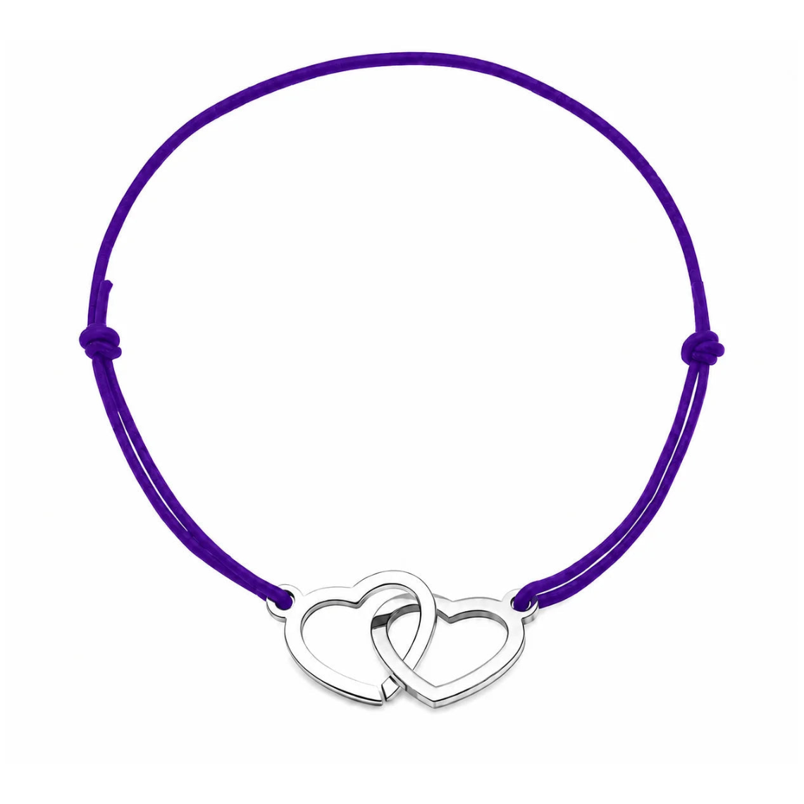 Bracelet cordon ajustable violet avec cœurs entrelacés en acier inoxydable argenté