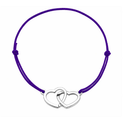 Bracelet cordon ajustable violet avec cœurs entrelacés en acier inoxydable argenté