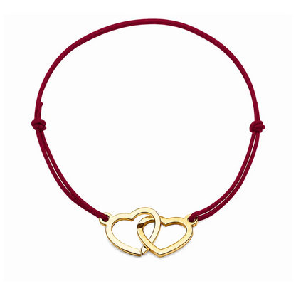 Bracelet cœur en acier doré avec cordon bordeaux ajustable, bijou personnalisable élégant fabriqué en France par Les Inséparables.
