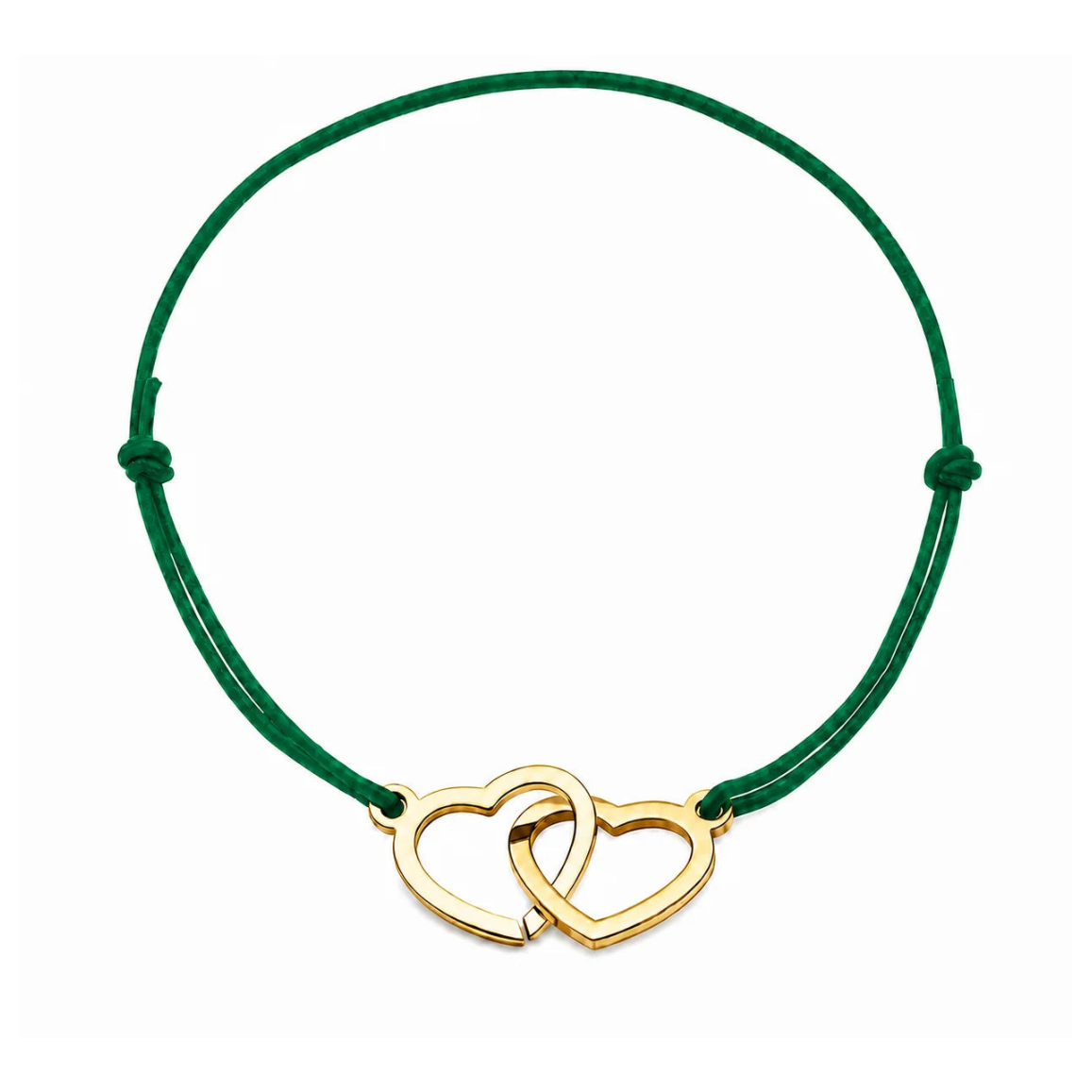 Bracelet cœur en acier doré avec cordon vert sapin ajustable, bijou personnalisable élégant fabriqué en France par Les Inséparables.