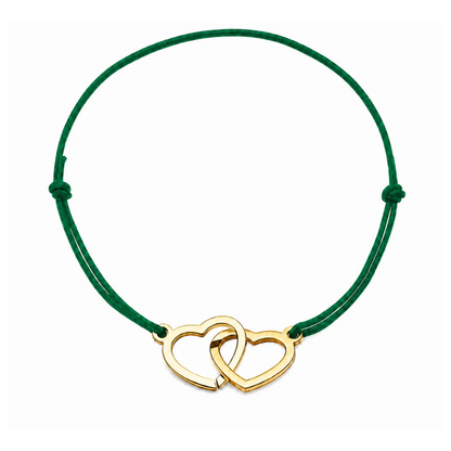 Bracelet cœur en acier doré avec cordon vert sapin ajustable, bijou personnalisable élégant fabriqué en France par Les Inséparables.