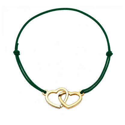 Bracelet cœur en acier doré avec cordon vert sapin ajustable, bijou personnalisable élégant fabriqué en France par Les Inséparables.