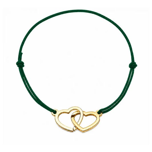 Bracelet cœur en acier doré avec cordon vert sapin ajustable, bijou personnalisable élégant fabriqué en France par Les Inséparables.