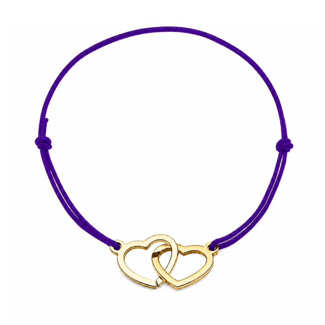 Bracelet cœur en acier doré avec cordon violet ajustable, bijou personnalisable élégant fabriqué en France par Les Inséparables.